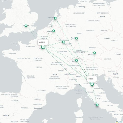 Mapa lotu bezpośredniego Paryż – Bolonia