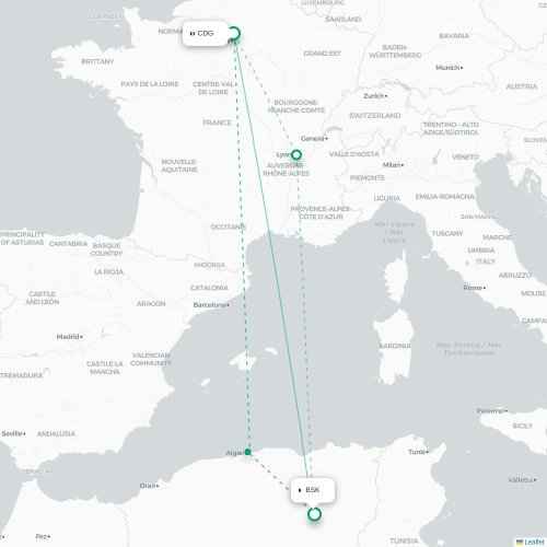 Mapa de vuelo directo París - Biskra