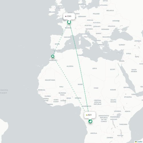 Paris - Brazzaville kort over direkte fly