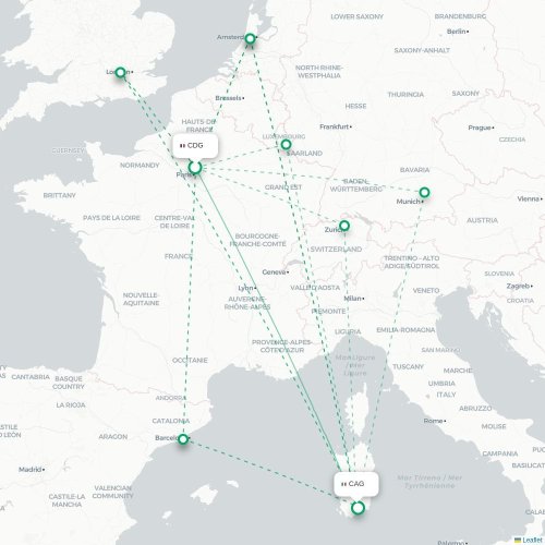 Parijs - Cagliari kaart van rechtstreekse vlucht