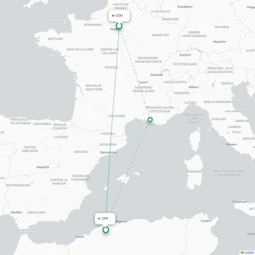 Mapa de vuelo directo París - Chlef