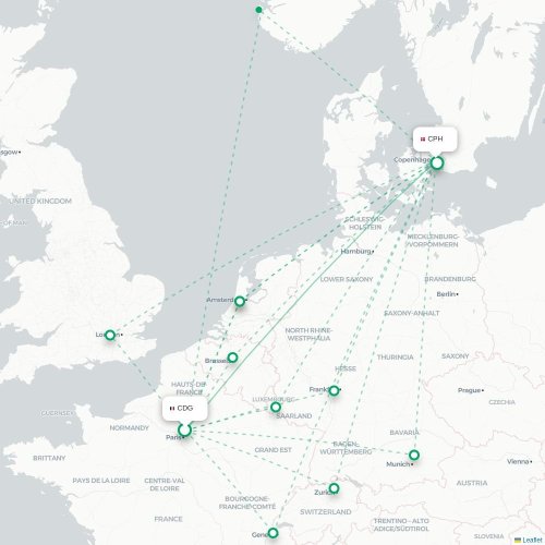 Mapa de vuelo directo París - Copenhague