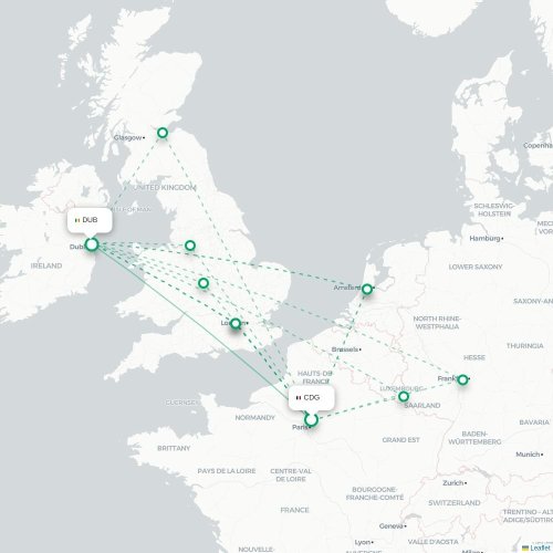 Paris - Dublin carte du vol direct