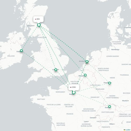 Mapa de vuelo directo París - Edimburgo