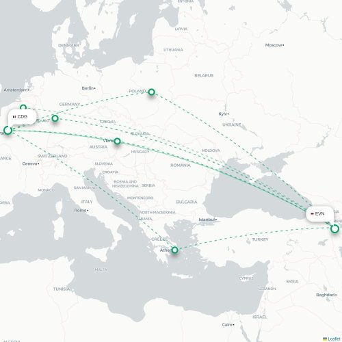 Mapa de vuelo directo París - Ereván