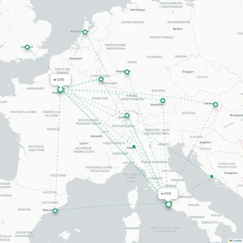 Mapa lotu bezpośredniego Paryż – Rzym