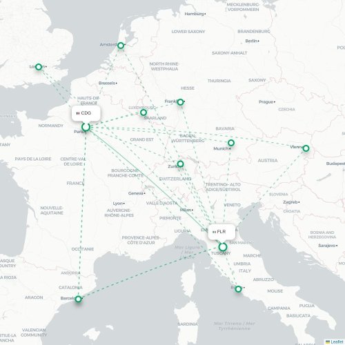 Mapa lotu bezpośredniego Paryż – Florencja