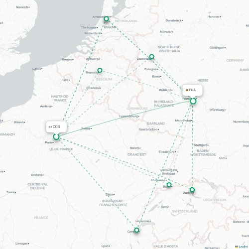 Mapa lotu bezpośredniego Paryż – Frankfurt nad Menem