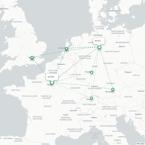 Mapa lotu bezpośredniego Paryż – Hanower