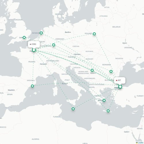 Mapa de vuelo directo París - Estambul
