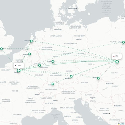 Mapa lotu bezpośredniego Paryż – Kraków