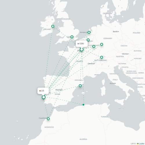 Mapa de vuelo directo París - Lisboa
