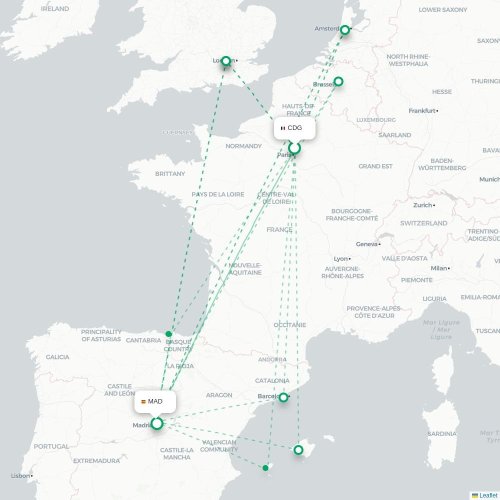 Mapa de vuelo directo París - Madrid