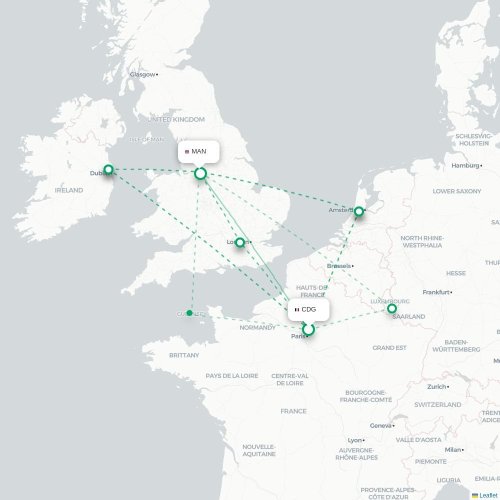 Mapa de vuelo directo París - Mánchester