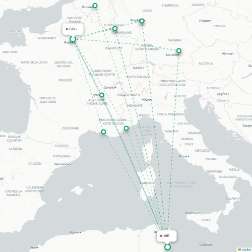 Mapa lotu bezpośredniego Paryż – Monastyr