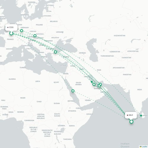 Mapa de vuelo directo París - Malé