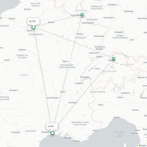 Mapa lotu bezpośredniego Paryż – Montpellier