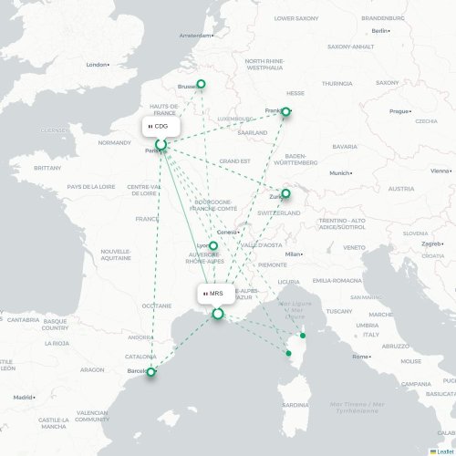 Mapa lotu bezpośredniego Paryż – Marsylia