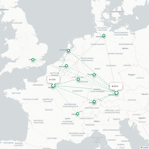 Mapa lotu bezpośredniego Paryż – Monachium