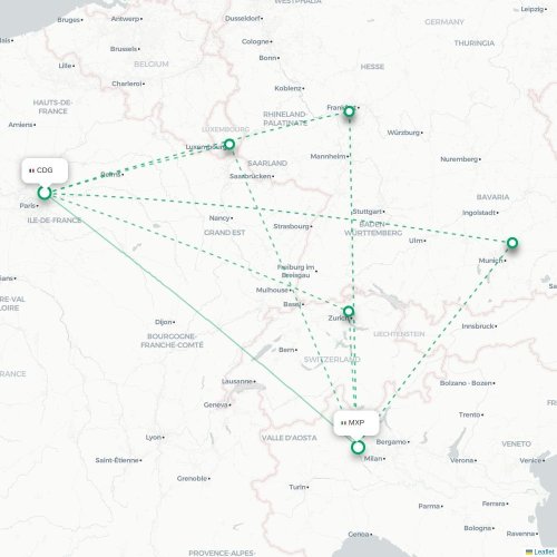 Mapa lotu bezpośredniego Paryż – Mediolan