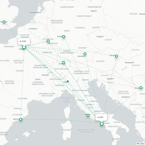 Mapa lotu bezpośredniego Paryż – Neapol