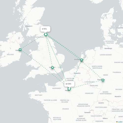 Mapa de vuelo directo París - Newcastle-upon-Tyne