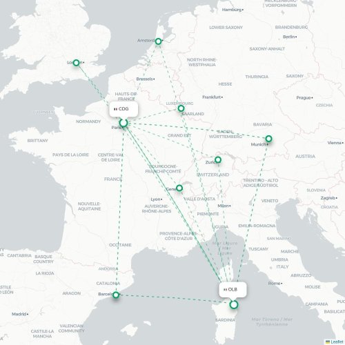 Mapa lotu bezpośredniego Paryż – Olbia