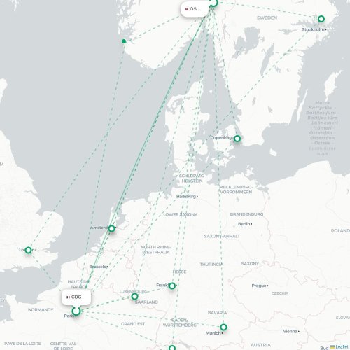 Mapa de vuelo directo París - Oslo