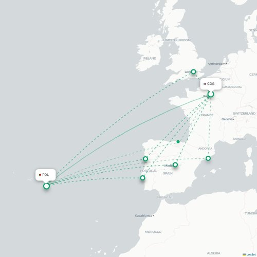 Mapa de vuelo directo París - Ponta Delgada