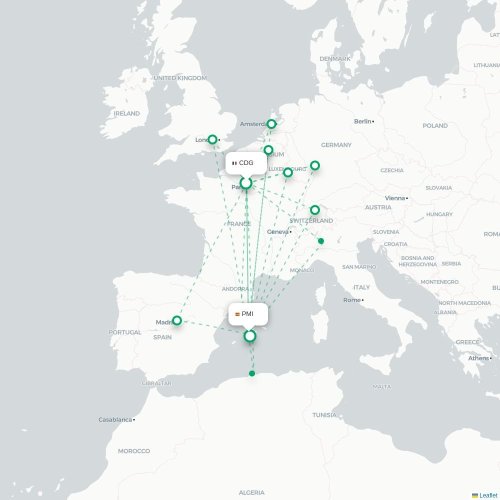 Mapa lotu bezpośredniego Paryż – Palma de Mallorca