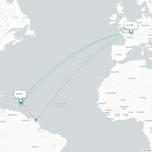 Mapa de vuelo directo París - Pointe-à-Pitre
