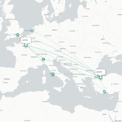 Mapa de vuelo directo París - Estambul