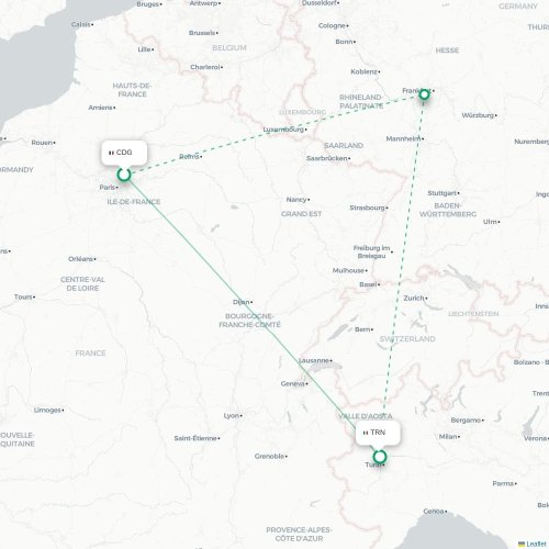 Mapa lotu bezpośredniego Paryż – Turyn, Torino