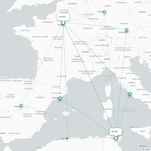 Mapa lotu bezpośredniego Paryż – Tunis