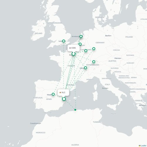 Mapa de vuelo directo París - Valencia