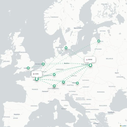 Mapa lotu bezpośredniego Paryż – Warszawa