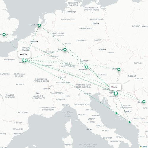 Parijs - Zagreb kaart van rechtstreekse vlucht