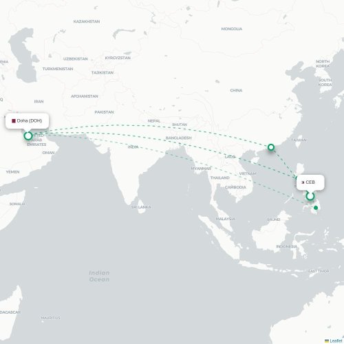 Cebu City - Doha kort over direkte fly