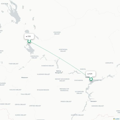 Mapa de vuelo directo Cherepovéts - Kazán
