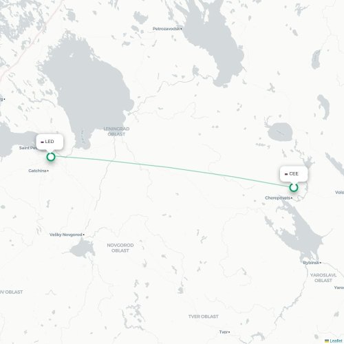 Mapa de vuelo directo Cherepovéts - San Petersburgo