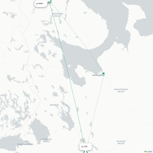 Mapa de vuelo directo Cherepovéts - Múrmansk