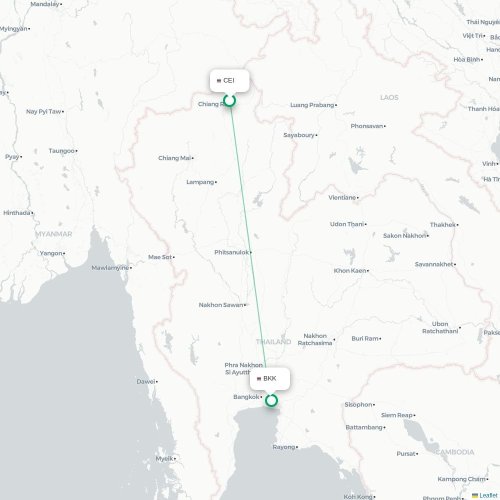 Mapa lotu bezpośredniego Cziang Raj – Bangkok