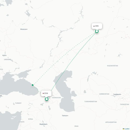 Mapa de vuelo directo Cheliábinsk - Ereván
