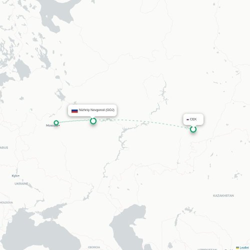 Mapa de vuelo directo Cheliábinsk - Nizhny Novgorod