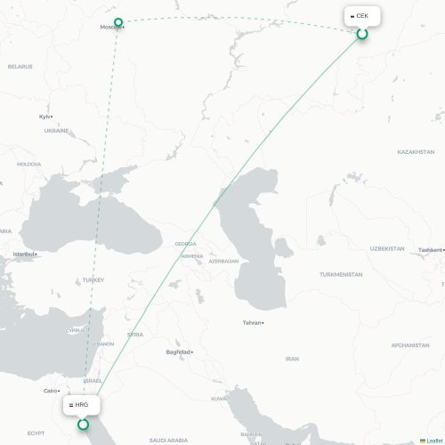 Mapa de vuelo directo Cheliábinsk - Hurgada
