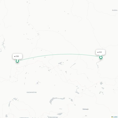 Mapa de vuelo directo Cheliábinsk - Krasnoyarsk