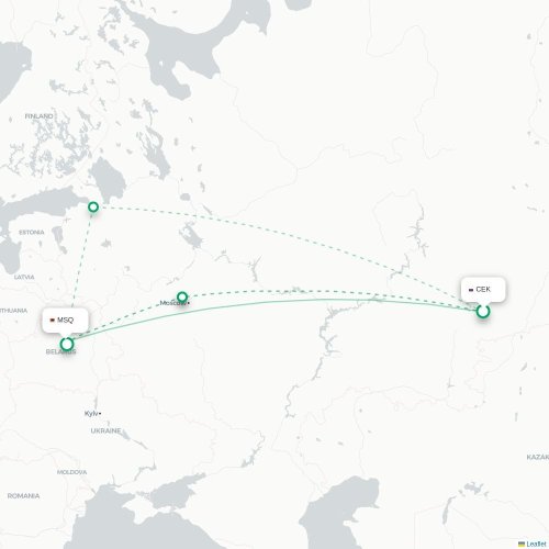Mapa de vuelo directo Cheliábinsk - Minsk