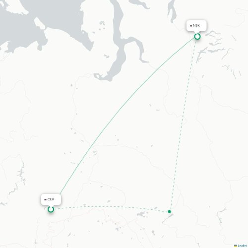 Mapa de vuelo directo Cheliábinsk - Noril'sk