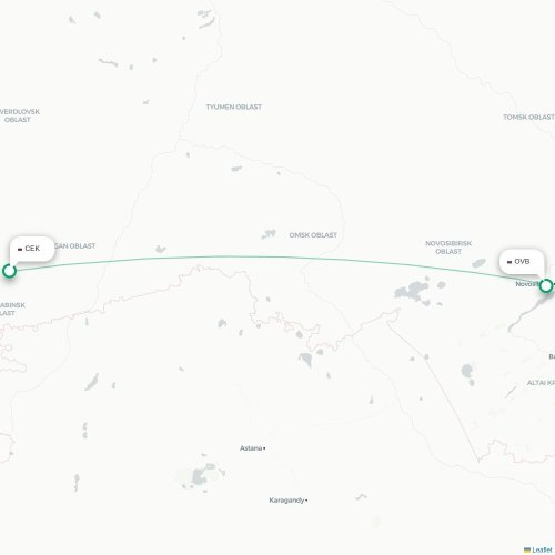 Mapa de vuelo directo Cheliábinsk - Novosibirsk