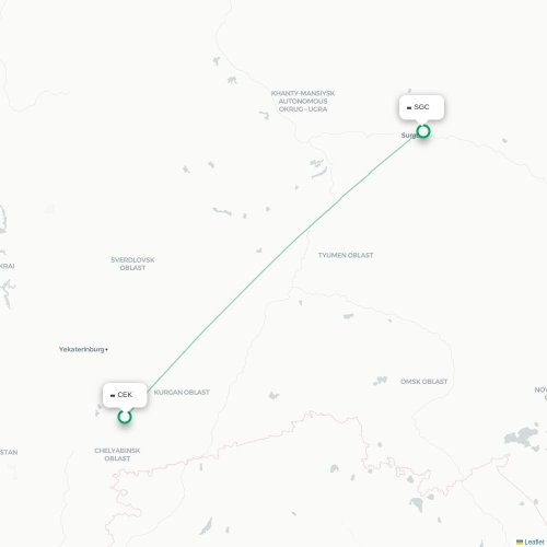 Mapa de vuelo directo Cheliábinsk - Surgut
